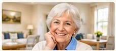 Senior woman smiling in a bright home